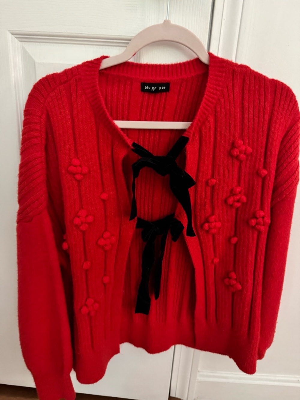 Blu Pepper Size S Red Knit Cardigan with Velvet Bow Ties